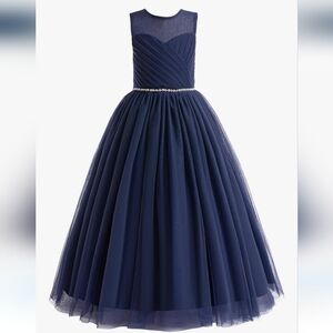 NWT Elegant Navy Blue Sleeveless Dress with Embelishement On The Waist Sz 12-14